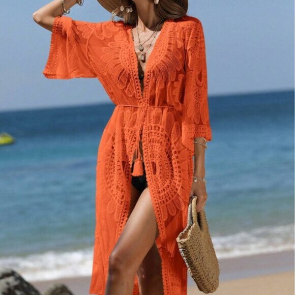 Kimono Cover Up With Cropped Sleeves Coral Orange - Picture 1 of 8